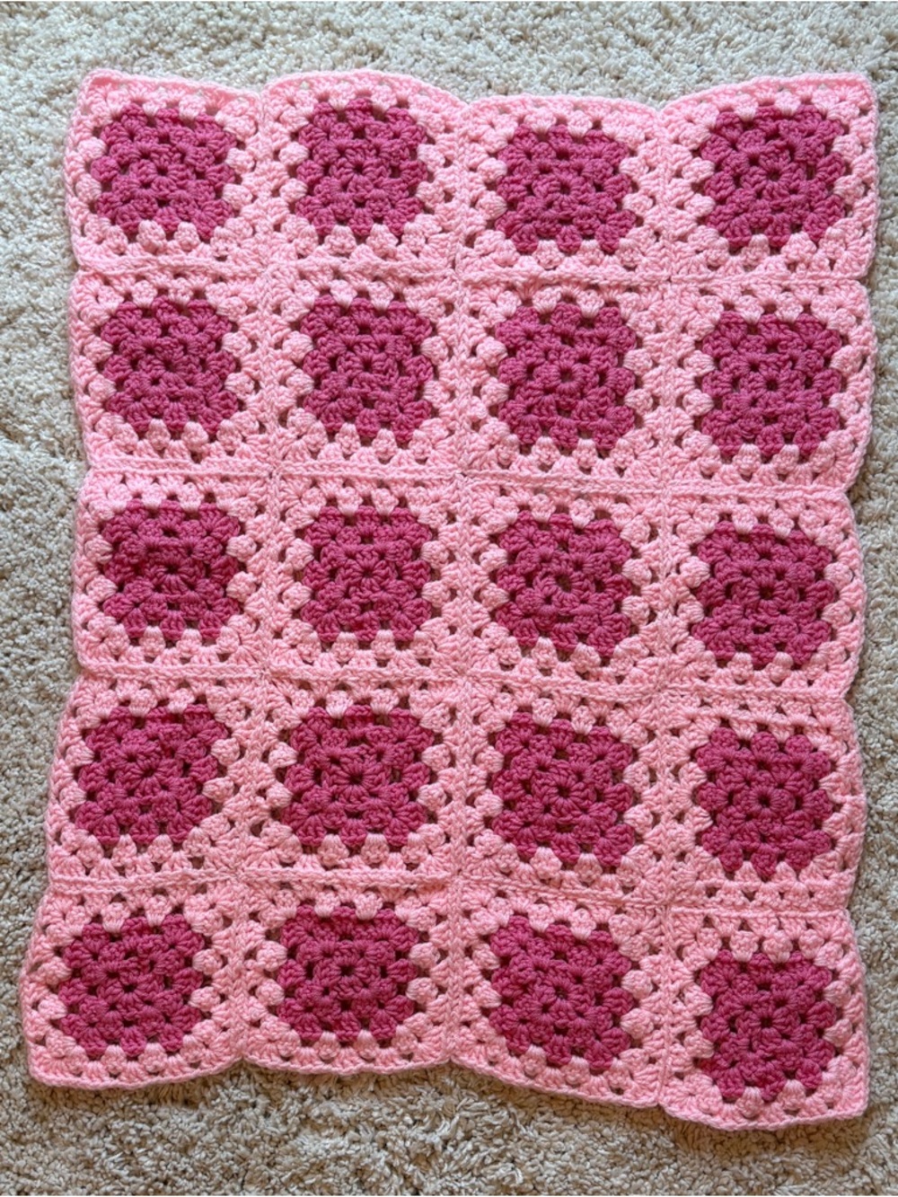 Handmade Crochet Baby Blanket Pink Granny Square Throw 29x34 Like New